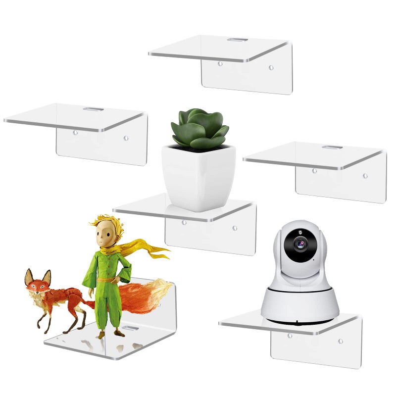 Ludery 6 Pack Small Floating Shelves for Wall, 4'' Small Adhesive Wall Shelves,Acrylic Mini Wall Shelf for Bedroom, Bathroom, Living Room, Office (2 Types of Installation) - Image 1